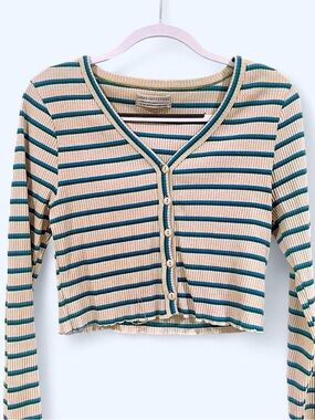 Urban Outfitters Cream Ribbed Top with Blue & Teal Stripes size XL